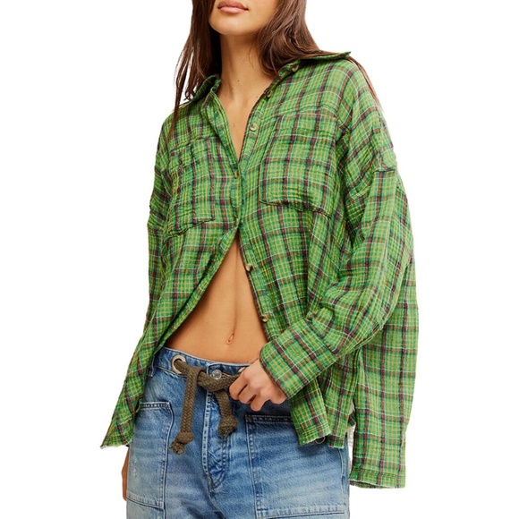 FREE PEOPLE GREEN CARDIFF PLAID TOP - Picture 1 of 9